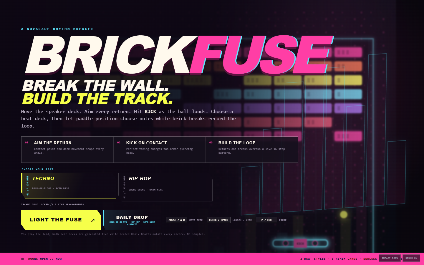 BRICKFUSE neon rhythm brick breaker title screen