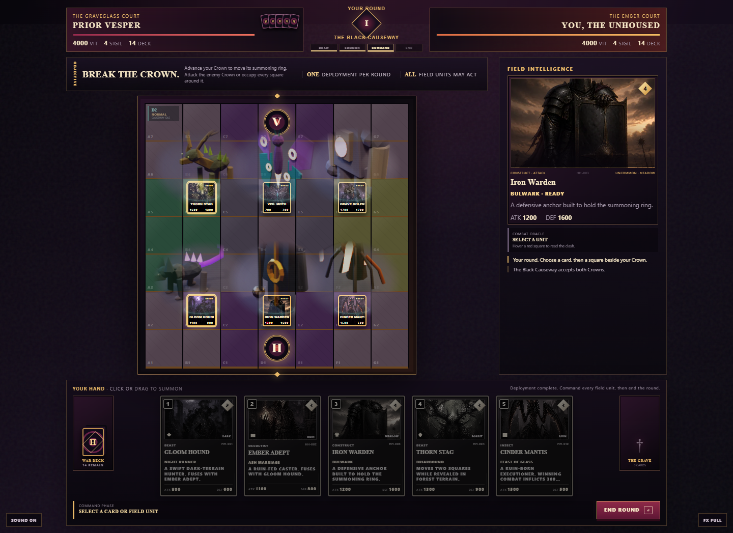 HEXHAND battlefield with six summoned 3D creatures